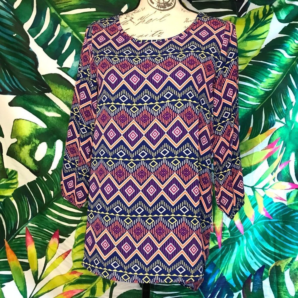 EUC $80 Karlie Small Boutique Colorful Geometric Tropical Vacation Print Blouse
